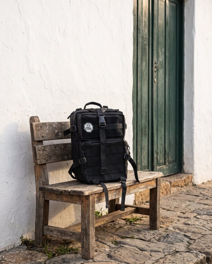 Morral táctico Manos de Monte en una banca de madera